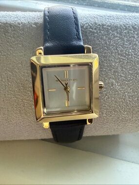 Michael Kors Gold-Tone Square Case Watch with Black Leather Strap